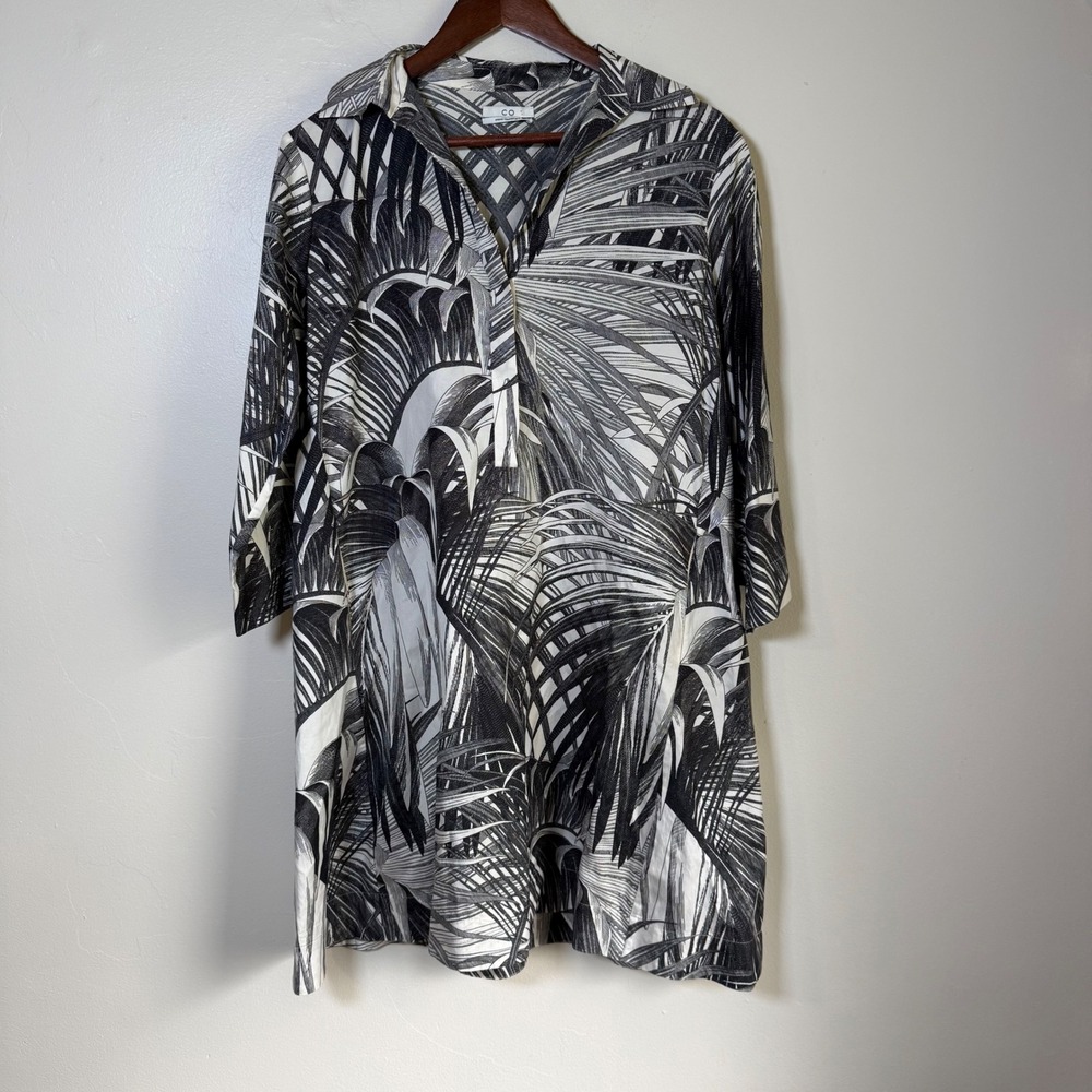 CO Spring 2019 Tropical Palm Print Silk Blend Tunic Dress Size Small Black White